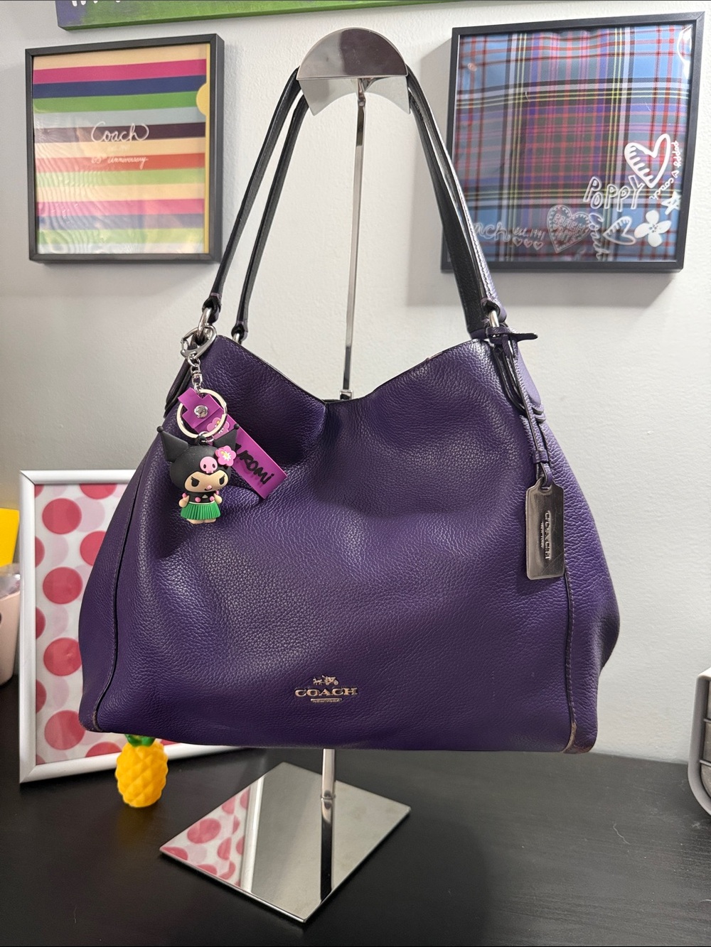 Coach Edie 31 Purple Pebbled Leather Shoulder Hobo with Charm